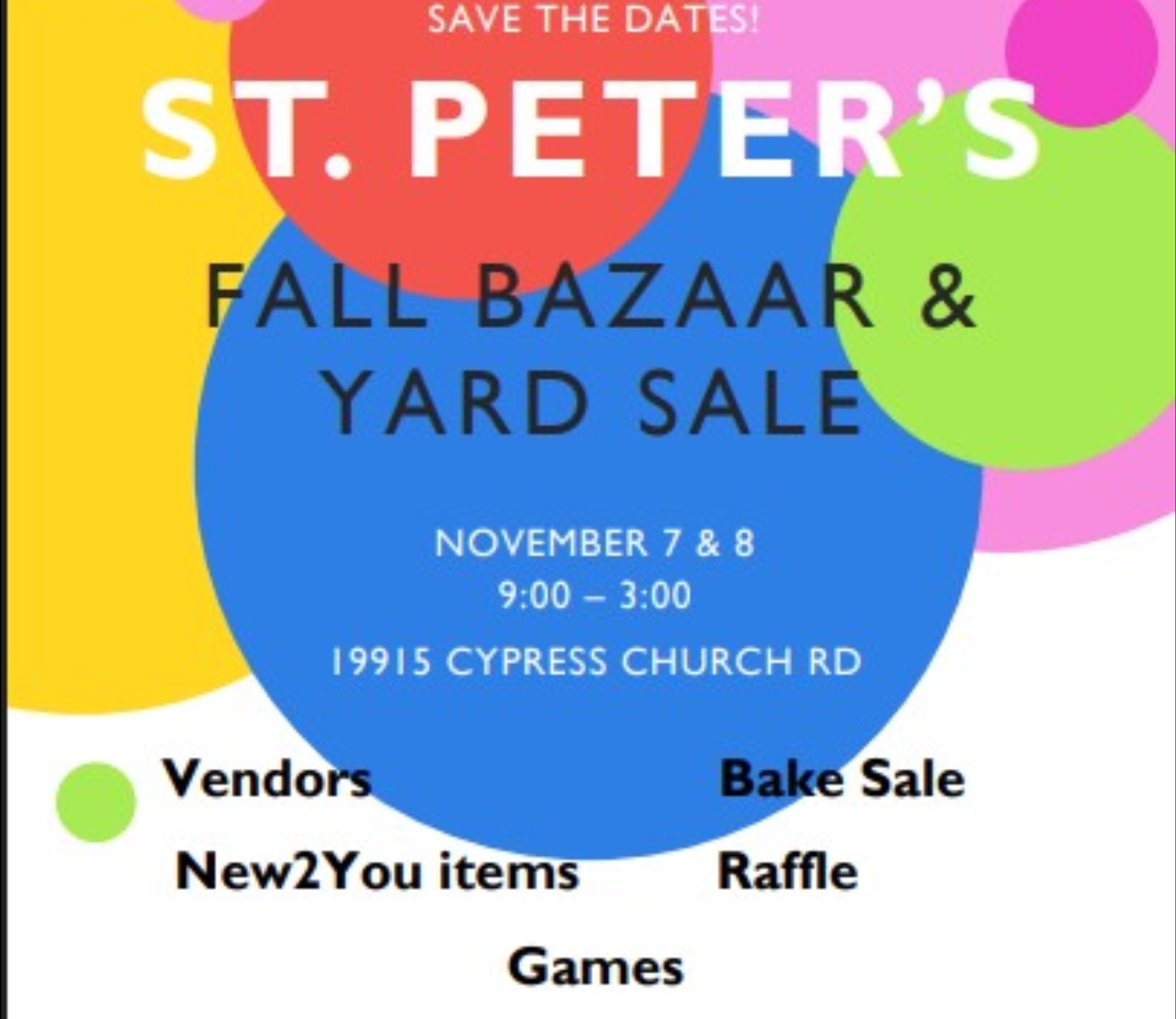 Church Craft Fair and Yard Sale. St. Peters Bazar Y Venta De Garaje.